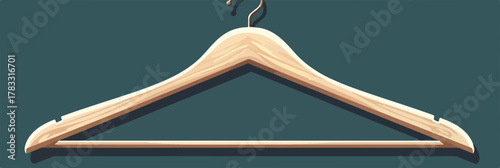 Um cabide de madeira natural com gancho metálico pendurado em um fundo azul escuro