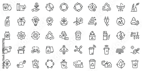 A diverse collection of eco-friendly symbols in black and white, representing sustainability and recycling.