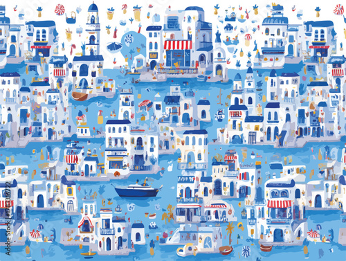 Ilha grega vibrante com casas brancas e azuis, mar e barcos em um dia ensolarado.