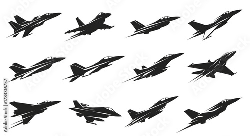 Dynamic collection of jet fighter silhouettes evoking power, speed, and modern military aviation perfect for designs and logos with a sleek, aggressive edge