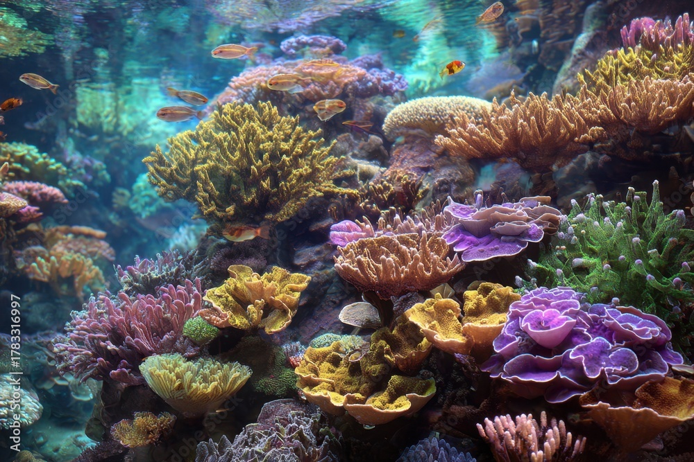 Fototapeta premium Colorful corals and diverse marine life flourish in a vibrant tropical reef ecosystem during a sunny day underwater