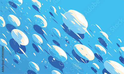 Ilustração abstrata de balões de fala flutuando em um fundo azul vibrante, conceito de comunicação.