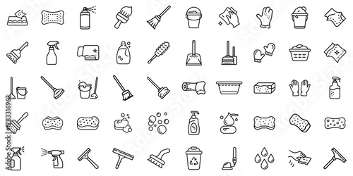 A collection of various cleaning icons, illustrating household chores and cleaning supplies.