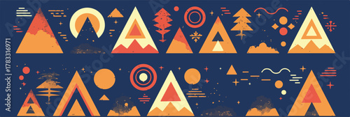 Padrão abstrato com montanhas, árvores e elementos geométricos em tons terrosos.