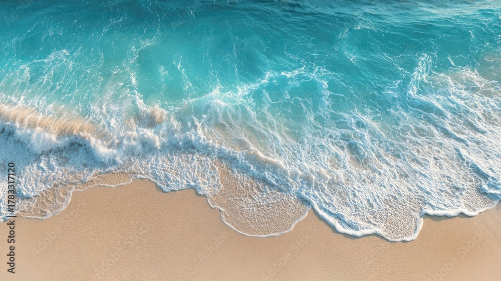Fototapeta premium Serene Aerial View of Turquoise Ocean Waves Gently Crashing on Soft Sandy Beach Under Bright Sunlight