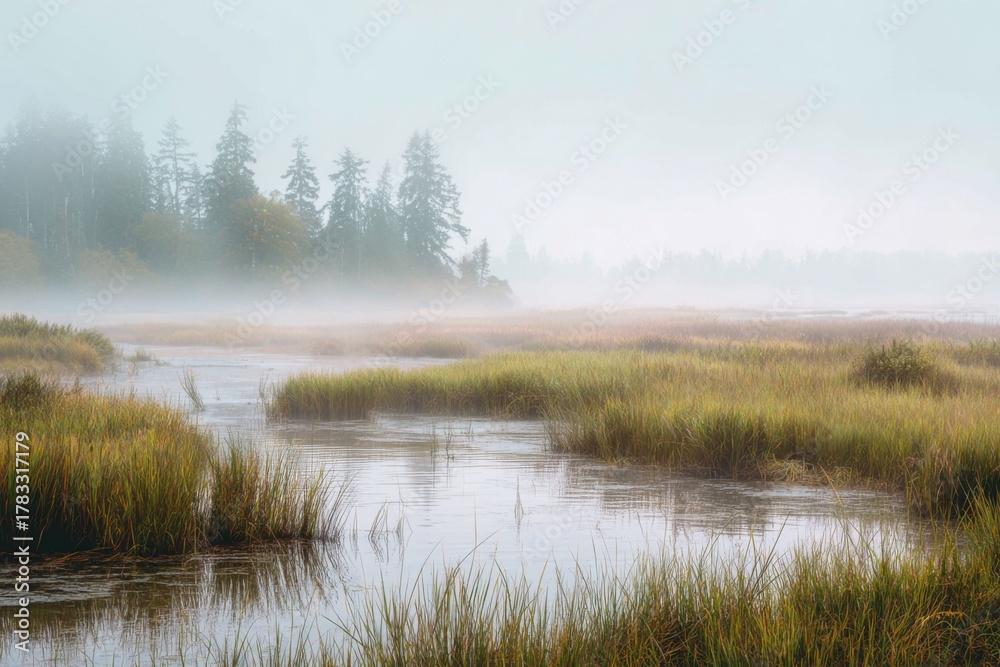 Fototapeta premium Serene coastal wetland in Canada enveloped in mist during early morning light with gentle water reflections and lush green grasses