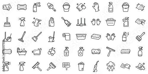 A collection of cleaning icons, showcasing essential tools and products for effective home care.