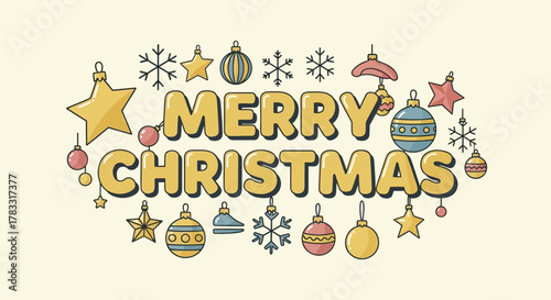 Retro style merry christmas greeting with ornaments and snowflakes on a cream background