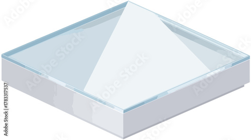 Pirâmide geométrica transparente em um recipiente quadrado com fundo branco e bordas cinzas