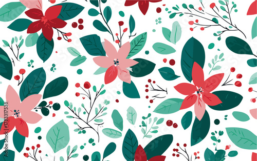 Padrão floral festivo com flores de poinsétia e folhas verdes em um fundo branco
