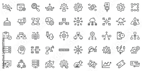 Detailed collection of tech-related vector icons depicting data analysis and networking concepts.