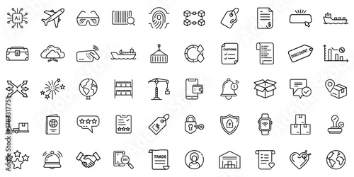 Diverse business and travel icons illustrating global logistics and technology concepts.