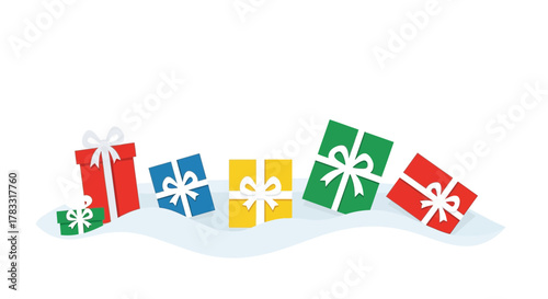 Brightly colored festive gift boxes nestled in soft snow creating a cheerful holiday scene perfect for celebrations and winter promotions