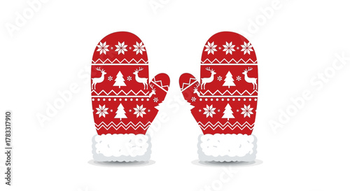 Cozy red mittens adorned with festive winter patterns featuring reindeer and snowflakes perfect for holiday celebrations and winter warmth