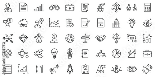 A collection of business-themed icons representing finance, growth, and teamwork in a minimalist design.