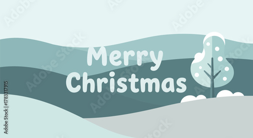 Minimalist winter landscape with a snow covered tree and merry christmas text in soft blue and white tones