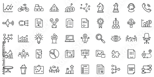 A collection of line icons representing business concepts and teamwork in a professional setting.