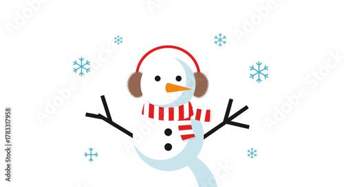 Cheerful snowman wearing earmuffs and striped scarf joyfully celebrates winter with falling snowflakes