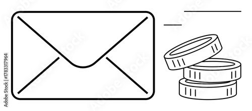 Envelope and stacked coins symbolizing financial transactions, communication, payments, or e-commerce. Ideal for payment, billing, savings, marketing, mail services fintech or messaging themes