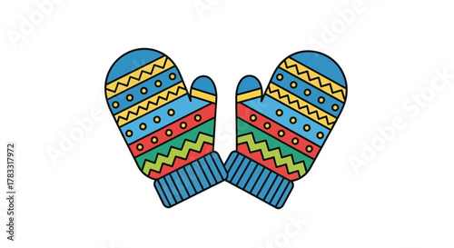 Cozy, colorful mittens featuring playful geometric patterns for winter warmth and festive cheer, perfect for holiday designs.