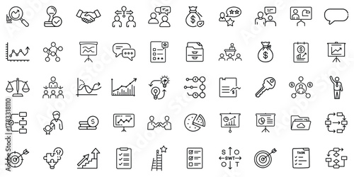 A diverse collection of business and finance icons representing teamwork, analysis, and decision-making.