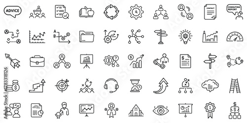 A collection of business and finance icons representing analysis, growth, and consulting services.
