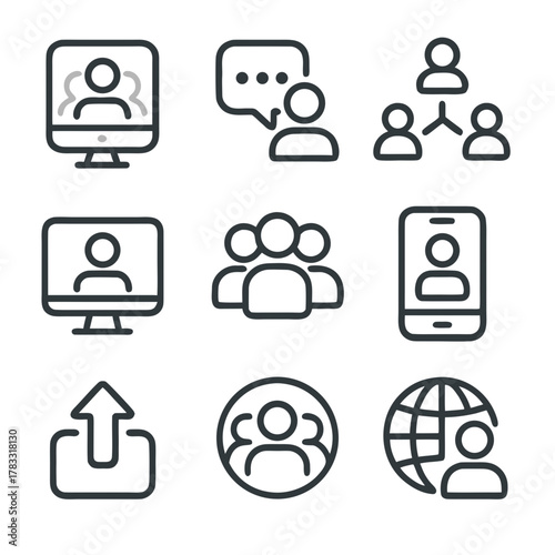 Collection of communication and networking icons in outline style.