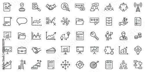 A collection of diverse business and finance icons in a minimalist style, featuring teamwork and analytics.