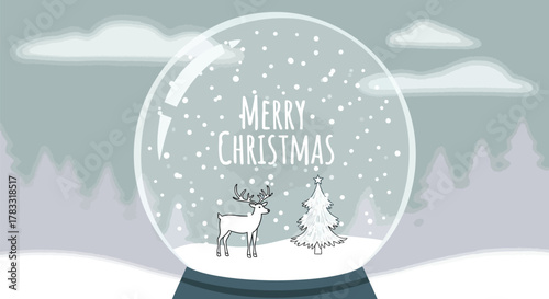 Charming hand drawn christmas snow globe featuring a reindeer and decorated tree with falling snow and the words merry christmas