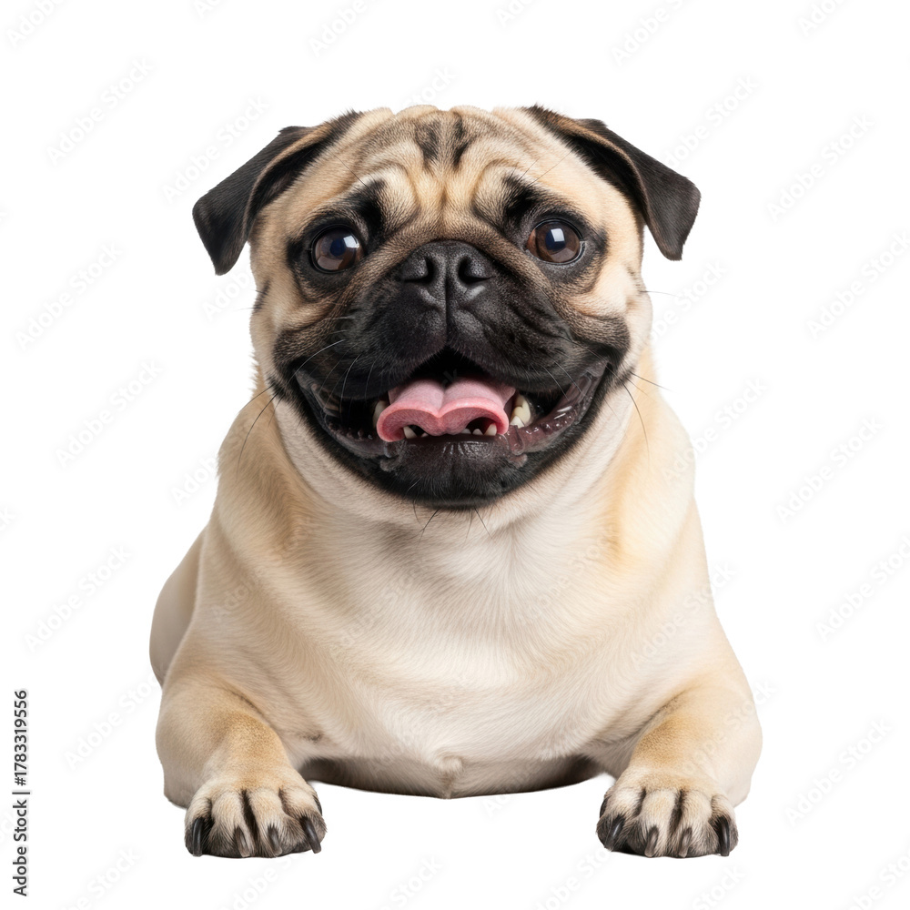 Obraz premium A cheerful fawn pug with black facial features, wide happy smile, tongue out, looking directly at camera in a transparent studio. Concept of pet joy and companionship