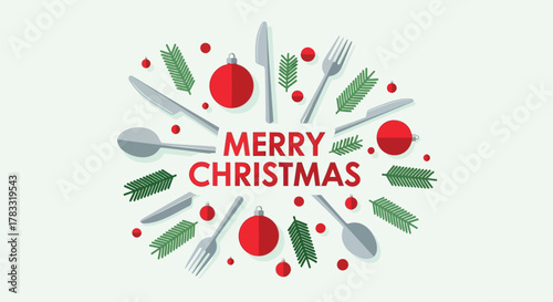 Festive merry christmas greeting with cutlery pine branches and red ornaments arranged in a circular pattern on a light green background