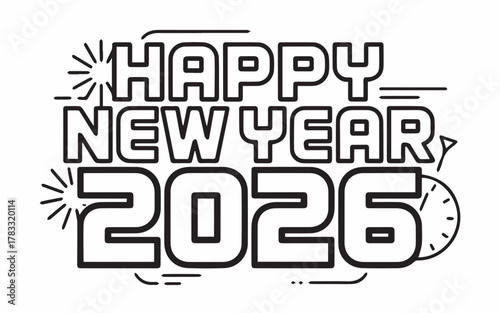 Bold Happy New Year 2026 design with clock ticking down, perfect for vibrant social media posts and modern holiday greetings showcasing exciting new beginnings