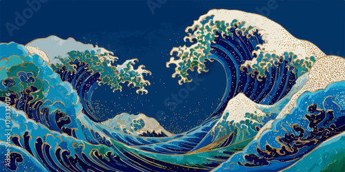 Eine faszinierende Darstellung der großen Welle vor Kanagawa, ein berühmtes japanisches Kunstwerk im Vektorstil.