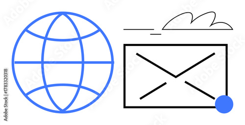Globe representing global connectivity, envelope for messaging, cloud icon, and notification dot. Ideal for communication, networking, email, globalization, technology online messaging digital