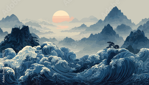 Eine wunderschöne Vektorillustration einer malerischen Landschaft mit Bergen, Wellen und einem Sonnenaufgang in sanften Farben.