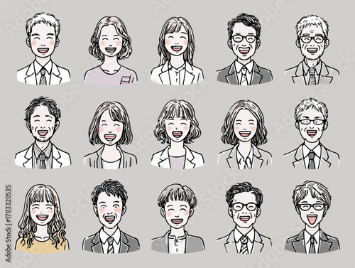 Set lachender japanischer Geschäftspersonen und Angestellter als monochrome Vektor-Avatare.