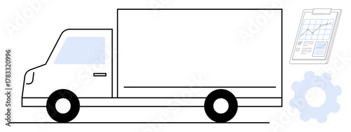 Delivery truck with gear and clipboard featuring analytics report. Ideal for logistics, supply chain, delivery services, business planning, process optimization, transport, and management. Simple