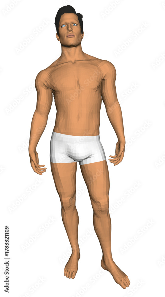 Fototapeta premium A man in white underpants stands confidently with hands on hips against a white background. His dynamic polygonal form creates a sense of animated movement.
