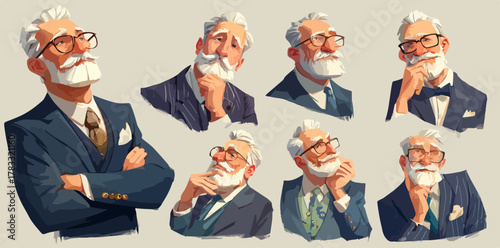 Charaktersatz Vektorillustration eines nachdenklichen, älteren Geschäftsmannes mit Bart und Brille in Anzügen.