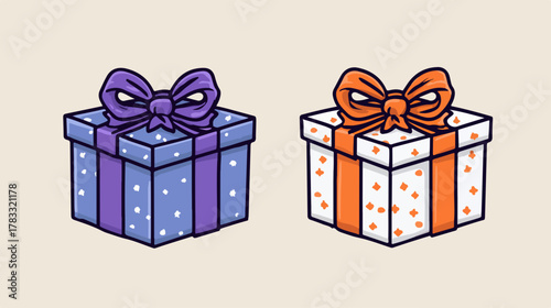 Zwei stilisierte Geschenkboxen mit Schleifen, eine lila und eine orange, als Vektorillustration dargestellt.