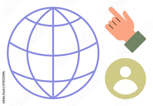 Globe with grid indicating global reach, user profile suggesting identity, hand gesture symbolizing active selection. Ideal for connectivity, communication, user interaction, accessibility, teamwork