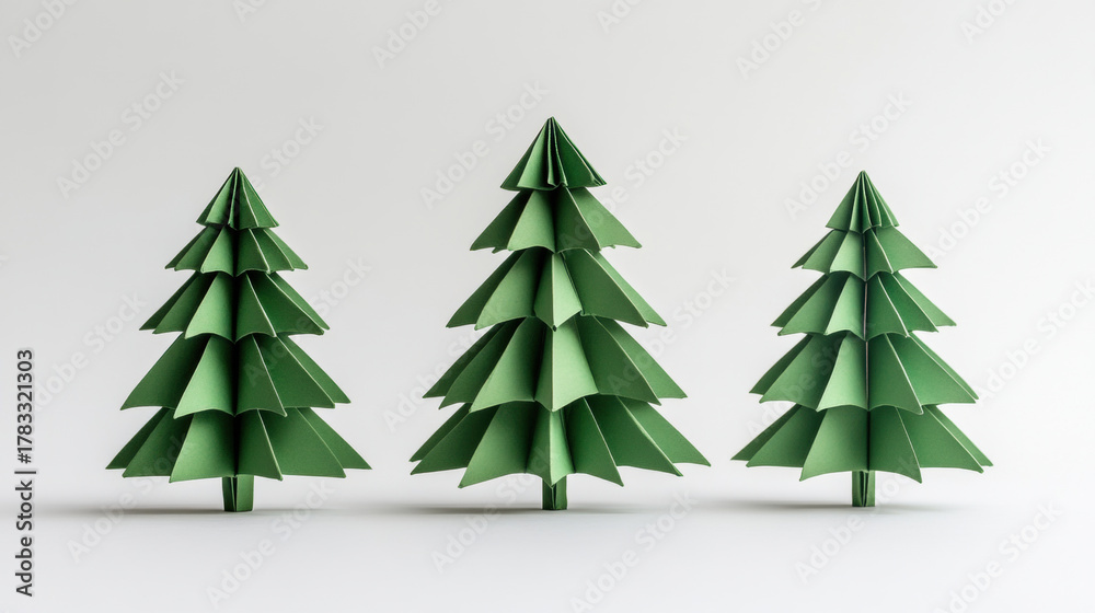 Obraz premium Origami Christmas trees on white background, perfect for holiday designs. paper trees are a creative and festive addition to any holiday-themed project or design.