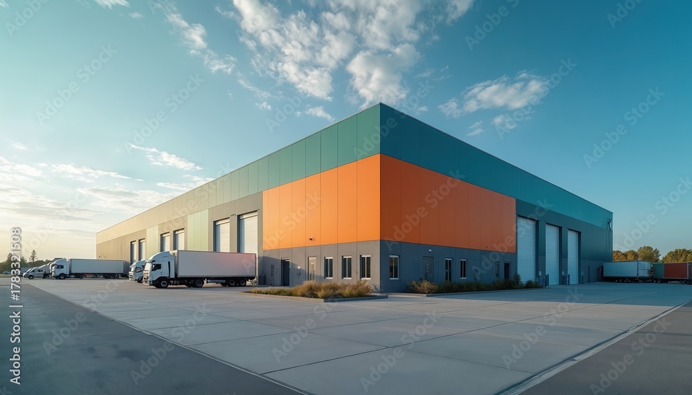 Obraz premium Modern industrial building with trucks parked outside under a cloudy blue sky. Logistics center or distribution hub with large loading bay doors for cargo operations.