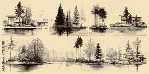 Vektor-Set von Schwarz-Weiß-Skizzen moderner Häuser und dichter Baumbestände auf Inseln am Wasser.