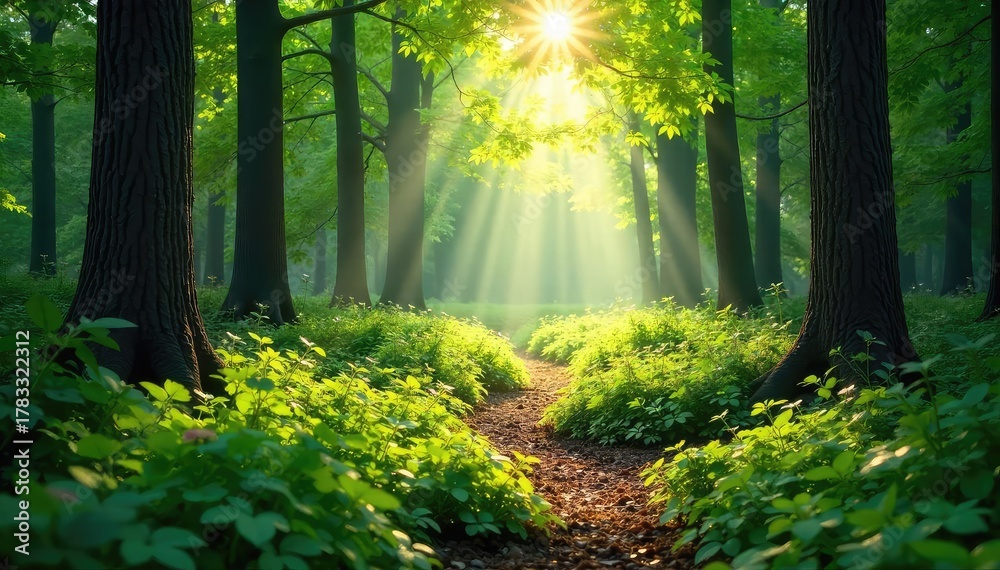 Obraz premium Magical Sun-Dappled Forest Floor Lush Summer Greenery, Sunlight Filtering Through Canopy, Perfect for Nature, Travel, and Environmental Projects
