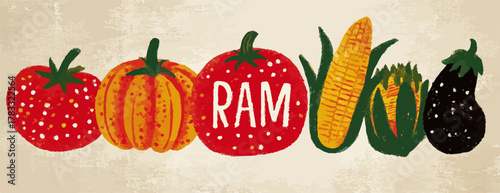 Bunte Vektorgrafik mit verschiedenen Gemüsesorten wie Tomaten, Kürbis, Mais und Aubergine.