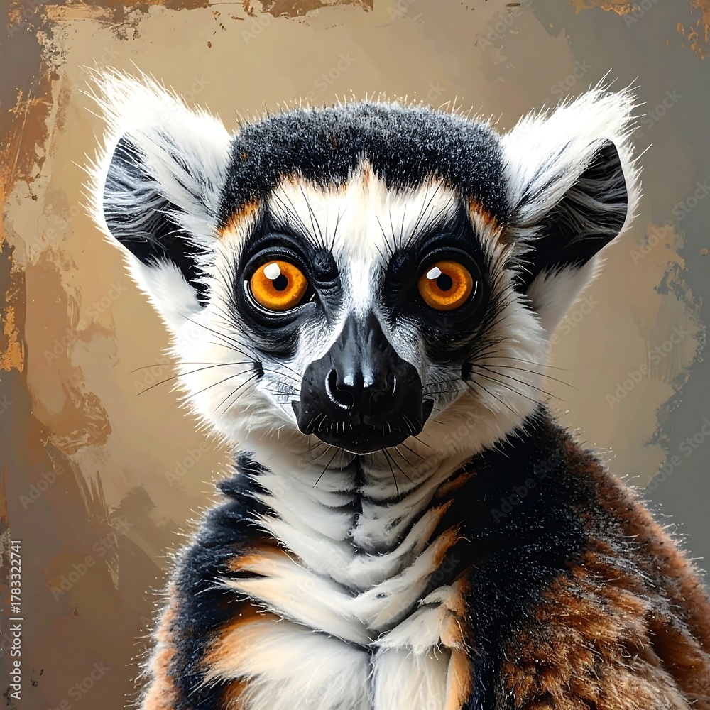 Fototapeta premium Close-up portrait of a ring-tailed lemur with striking orange eyes and patterned fur