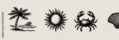 Vektorillustration von tropischer Insel mit Palme, Sonne, Krabbe und Muschel im Vintage-Stil.