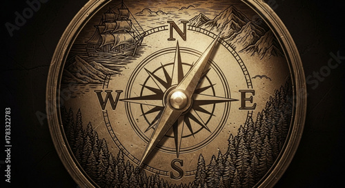 Antique compass navigation tool for direction finding and nautical exploration and adventure journey