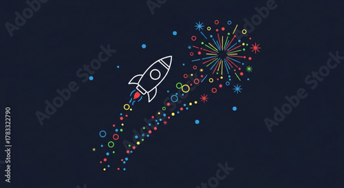 Start up rocket launch vector illustration with colorful fireworks for business and technology design 100